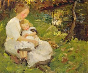 Madre e Bambino in un Paesaggio Boschivo da Harold Harvey