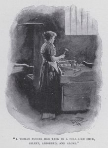 "Una donna che svolge il suo compito in una capanna simile a una cella, silenziosa, assorbita e sola" da Harold Hume Piffard