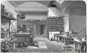 Michael Faraday (1791-1867) nel suo laboratorio nel seminterrato, da 