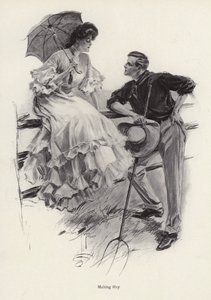 Un contadino si ferma nel suo lavoro per flirtare con una giovane donna da Harrison Fisher