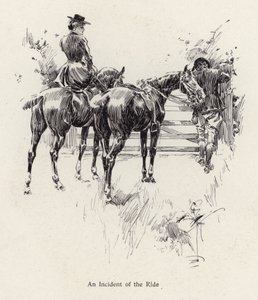 Cavalieri che si fermano per aprire un cancello da Harrison Fisher