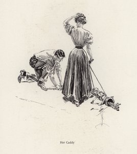 Uomo che fa da caddie a una donna sul campo da golf da Harrison Fisher