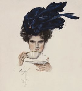 Ritratto di una donna con un cappello elegante che beve tè da Harrison Fisher