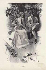 Coppia romantica che fa una pausa dal loro gioco di golf (litografia) da Harrison Fisher