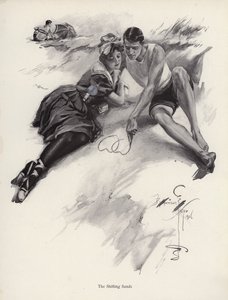 Due innamorati che disegnano cuori nella sabbia sulla spiaggia da Harrison Fisher