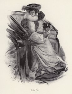 Donna seduta in una carrozza con il suo cane da Harrison Fisher