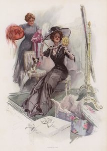 Giovane donna americana che prova cappelli da una modista francese da Harrison Fisher
