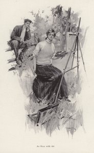 Giovane donna artista che dipinge in campagna mentre un giovane uomo osserva da Harrison Fisher