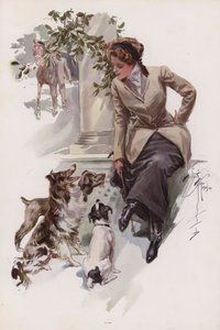 Giovane donna nel suo abito da equitazione seduta con i suoi cani da Harrison Fisher