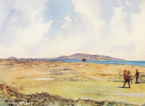 Campi da golf: Dollymount, il primo tee, guardando verso Howth (litografia a colori)