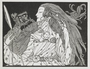 Illustrazione per la storia Cenerentola. Una donna che guarda il suo riflesso in uno specchio a mano da Harry Clarke