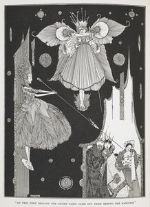 In questo stesso istante la giovane fata uscì da dietro le tende. Illustrazione per la storia La bella addormentata nel bosco da Harry Clarke