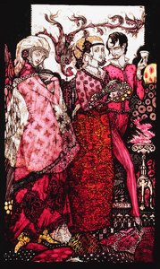 Bert il Bigfoot, cantato da Villon. "Queens", nove pannelli di vetro acidati, macchiati e dipinti, illustrando la poesia di J.M. Synge