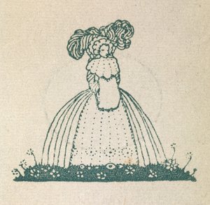 Illustrazione di una donna con un grande vestito da Harry Clarke