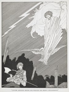 "Giove apparve davanti a lui brandendo i suoi potenti fulmini." Illustrazione per "i desideri ridicoli." da Harry Clarke
