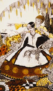 Sette giorni di canicola, nominando regine a Glenmacnass. "Regine", nove pannelli di vetro acidati, colorati e dipinti, illustrazione della poesia di J.M. Synge, 1917 da Harry Clarke
