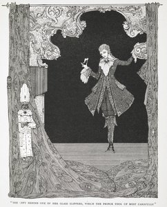 Lasciò indietro una delle sue scarpette di vetro, che il Principe raccolse con molta cura. Illustrazione per la storia Cenerentola o La piccola scarpetta di vetro da Harry Clarke