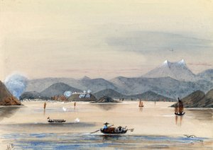 La HMS Tribune sul fiume Chuenpee a Canton (Cina), con barche a remi e giunche cinesi da Harry Edmond Edgell