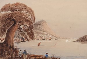 Veduta di una città costiera con albero e figure in primo piano da Harry Edmond Edgell