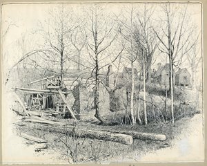 Disegno, aspetto attuale del mulino di Gaines, guardando verso est, 1885 da Harry Fenn