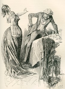 Edith e Mr. Carker. "Stava venendo verso di lei allegramente, quando, in un istante, lei afferrò il coltello dal tavolo e fece un passo indietro. "Fermo," disse, "o ti ucciderò!" Illustrazione di Harry Furniss per il romanzo di Charles Dickens da Harry Furniss