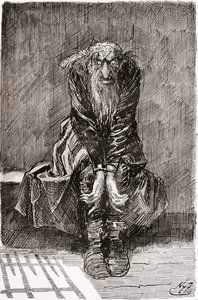 Fagin nella cella dei condannati. "Si sedette su una panca di pietra di fronte alla porta, che serviva da sedile e letto, e gettando i suoi occhi iniettati di sangue a terra, cercò di raccogliere i suoi pensieri." Illustrazione di Harry Furniss per il roma da Harry Furniss