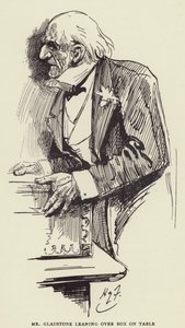 Mr Gladstone che si china su una scatola sul tavolo da Harry Furniss