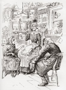 Il signor Riah e la signorina Wren ai Sei Allegri Compagni Portatori. "Aspetta un attimo," intervenne la signorina Wren. "Darò alla signora il mio biglietto da visita." Lo tirò fuori dalla tasca dopo aver lottato con la gigantesca chiave della porta che lo