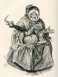 Mrs. Gamp. Illustrazione di Harry Furniss per il romanzo di Charles Dickens Martin Chuzzlewit, dalla The Testimonial Edition, pubblicata nel 1910. da Harry Furniss