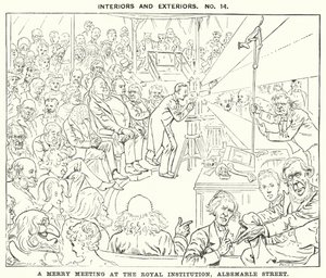 Cartone animato Punch: Un incontro allegro alla Royal Institution, Albemarle Street, Londra (incisione) da Harry Furniss