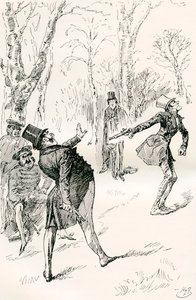 Il duello dopo il ballo. "Gli occhi di Mr. Winkle essendo chiusi, gli impedirono di osservare il comportamento molto straordinario e inspiegabile del dottor Slammer. Quel gentiluomo fissò, si strofinò gli occhi e, infine, gridò "Fermati, fermati! non è lui