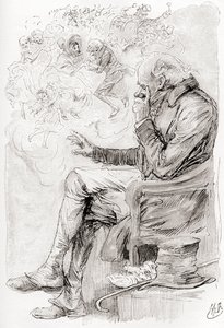 Il sogno di Trotty. "Trotty ha sognato? O sono le sue gioie e dolori, e gli attori in essi, solo un sogno; lui stesso un sogno; il narratore di questa storia un sognatore, svegliandosi solo ora?" Illustrazione di Harry Furniss per il racconto Le campane da da Harry Furniss