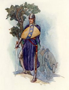 Un cavaliere che sbarra la strada (litografia a colori) da Harry George Theaker