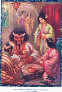 Un grande banchetto fu presto imbandito davanti a loro (da Raiko e il demone) (litografia) da Harry George Theaker