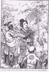 Tutti gli alberi appassiti si ricoprirono immediatamente di splendidi fiori di ciliegio (Il vecchio che faceva fiorire gli alberi appassiti) (litografia) da Harry George Theaker