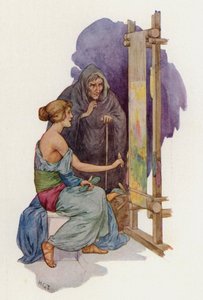 Aracne sta per essere trasformata in ragno da una Minerva mascherata (litografia a colori)