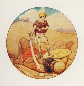 Davide afferrò la spada del gigante e tagliò la testa di Golia (litografia a colori)