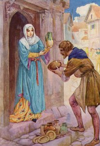 "Porto questi poveri vasi come regalo per la signora de Rainault", disse Robin alla donna di servizio (litografia a colori).