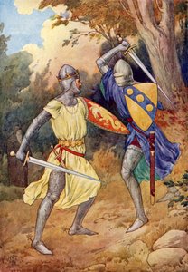 Re Artù combatte con il Cavaliere straniero (litografia a colori)
