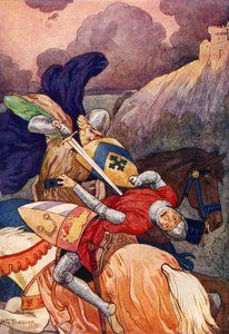 Re Artù che trafigge il suo nemico al petto (litografia a colori) da Harry George Theaker