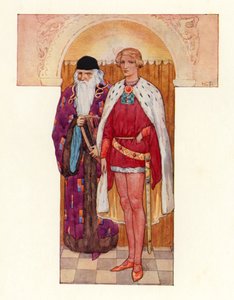 Merlino con Galahad al suo fianco (litografia a colori) da Harry George Theaker