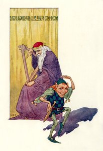 Menestrelli e nani intrattengono il re (litografia a colori) da Harry George Theaker
