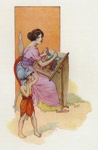 Penelope con il figlio Telemaco (litografia a colori) da Harry George Theaker