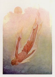 Fetonte con i capelli in fiamme che cade in un fiume fresco e profondo (litografia a colori)