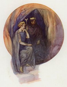 Proserpina seduta in lunghe vesti nere, su un grande trono nero con accanto il feroce re nero (litografia a colori) da Harry George Theaker