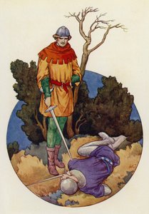 Robin colpì e con un colpo secco stese a morte Guy di Gisborne (litografia a colori)
