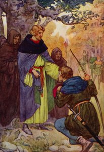 "Sire", disse Robin, cadendo su un ginocchio, "noi di Sherwood chiediamo il perdono reale" (litografia a colori).
