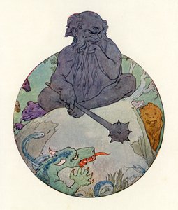 Il Grande Gigante Nero guarda Sir Gawaine (litografia a colori) da Harry George Theaker