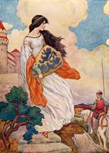 La principessa Iseult con lo scudo di Sir Tristram di Lyonesse (litografia a colori) da Harry George Theaker