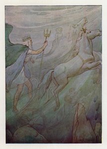 Il Re del Mare nel suo carro scintillante, trainato da cavalli verdi (litografia a colori) da Harry George Theaker